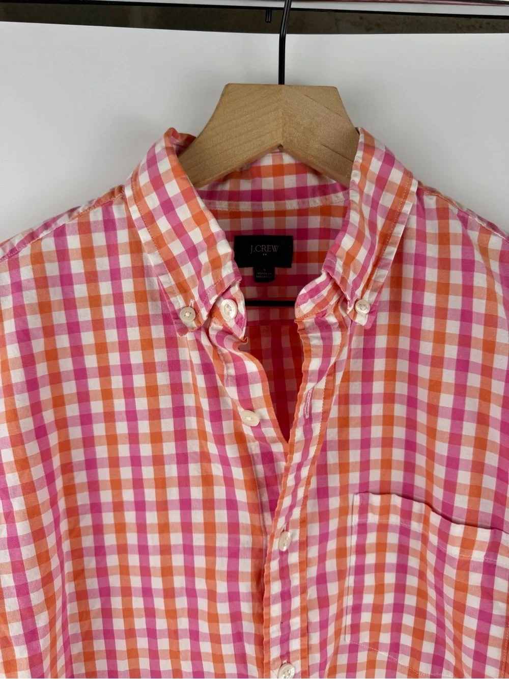 J Crew Gingham Plaid Men Pink Orange Button Up Shirt 100% Cotton Small Preppy
